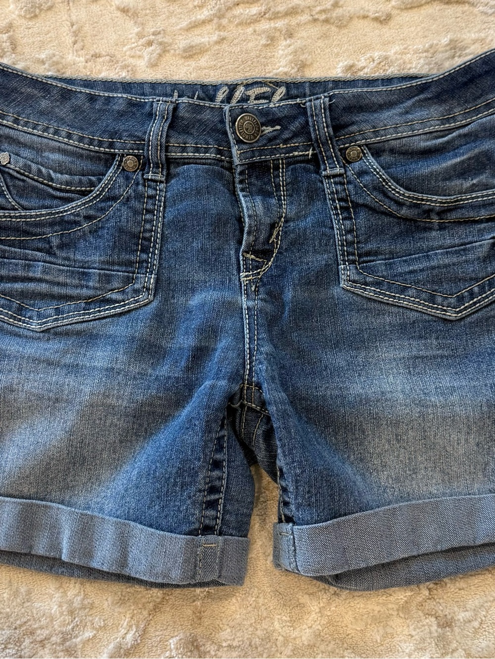 Women's Mid-Rise Blue Denim Jean Shorts with Cuffed Hem